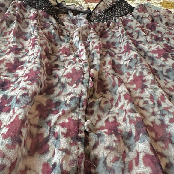 Zara maroon and cream floral sheer blouse with smocked collar and sleeves - Picture 2 of 9